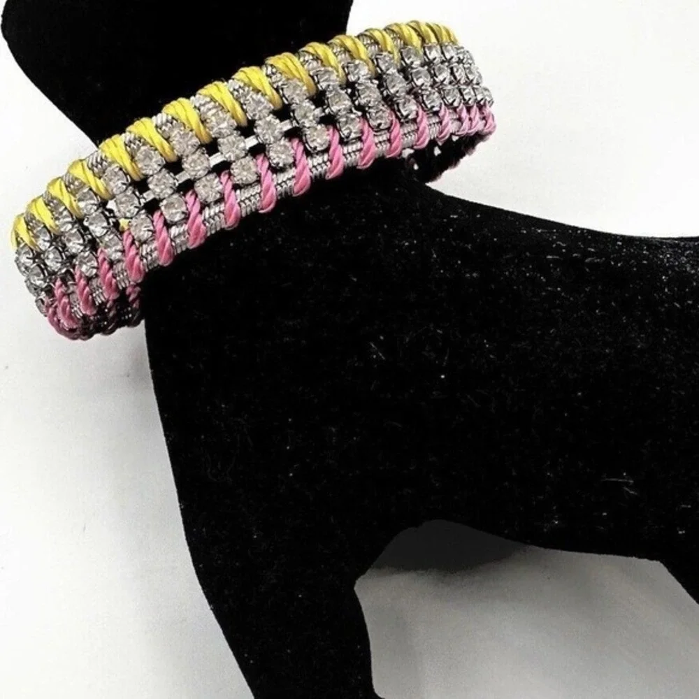 LOFT‎ Woven Rhinestone Cord Bracelet Silver Tone Pink Yellow Magnetic Clasp J-01